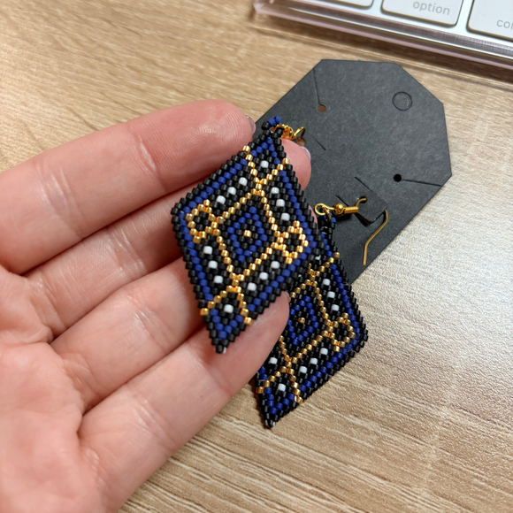 Hand Beaded Diamond Drop Earrings in Blue and Gold, Native American Style, - Picture 7 of 9